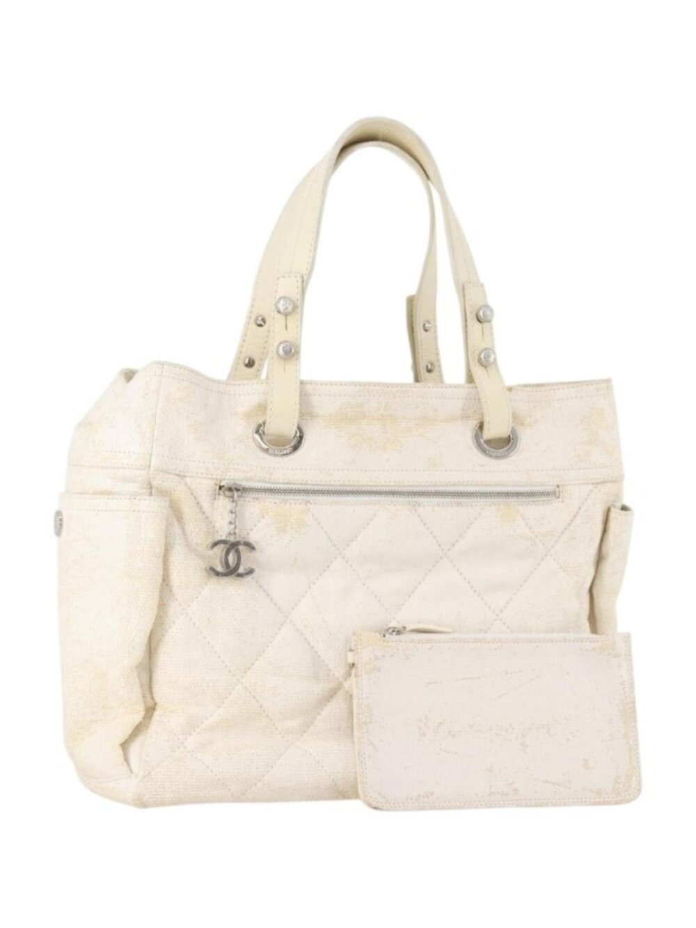 CHANEL Matelasse Paris Biarritz GM Tote Bag PVC Canvas White CC